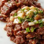 A rustic white plate holds a hearty serving of ground beef and chopped cabbage, garnished with fresh herbs. The dish showcases tender minced meat intertwined with vibrant green cabbage pieces, glistening with a savory sauce. The presentation is simple yet inviting, with steam gently rising, highlighting the warmth and homeliness of the meal.