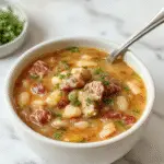 A hearty bowl of ham and bean soup featuring chunks of pink ham, cream-colored beans, and vibrant vegetables like carrots and celery. The soup is garnished with fresh herbs and served in a rustic white bowl on a wooden table, with a spoon resting beside it and a piece of crusty bread in the background.