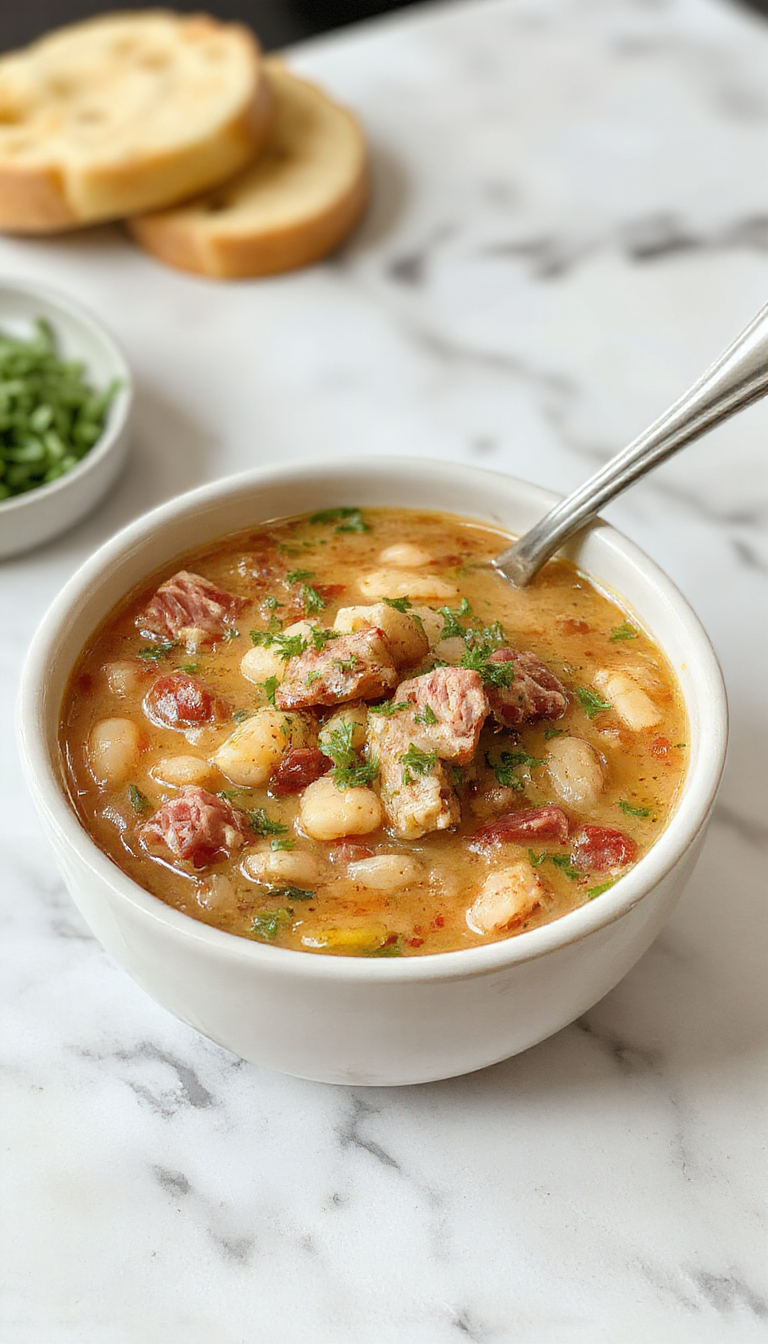 A hearty bowl of ham and bean soup featuring chunks of pink ham, cream-colored beans, and vibrant vegetables like carrots and celery. The soup is garnished with fresh herbs and served in a rustic white bowl on a wooden table, with a spoon resting beside it and a piece of crusty bread in the background.