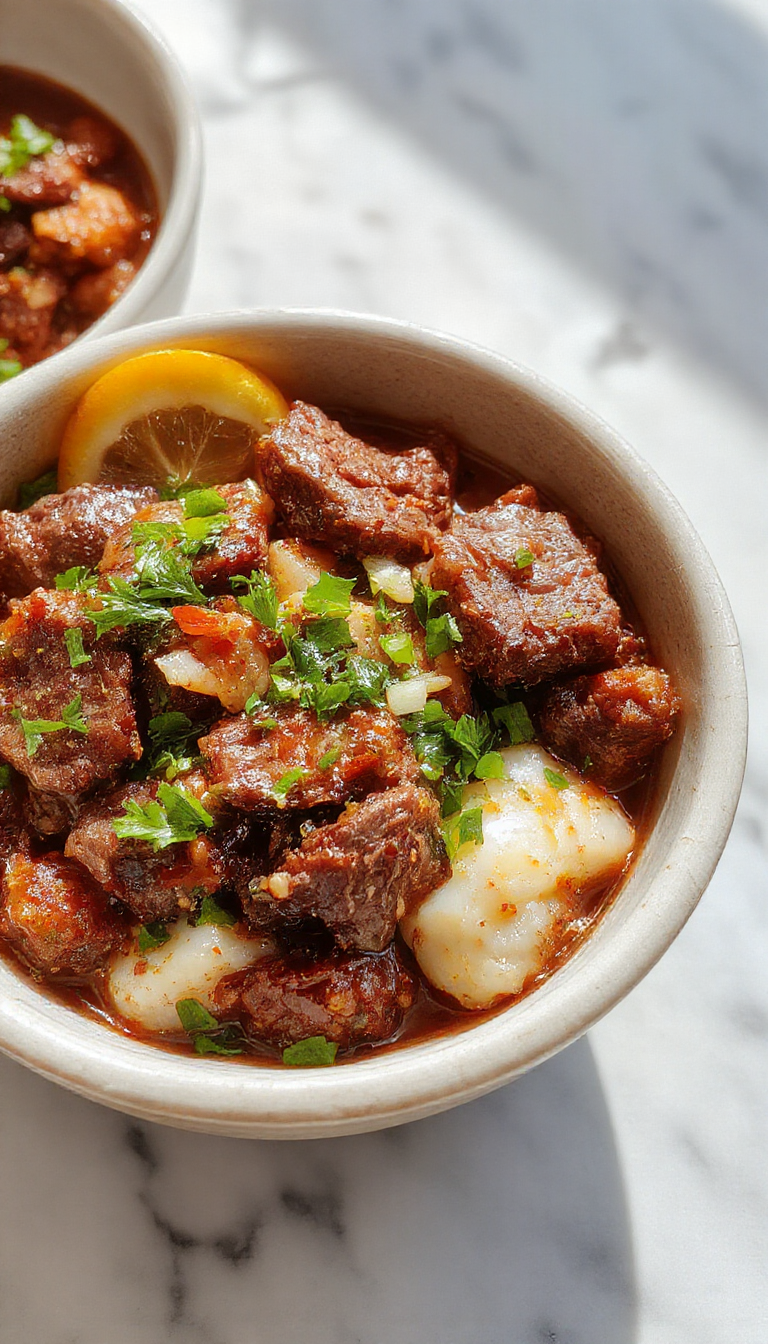 A vibrant beef and pepper rice bowl garnished with fresh herbs, featuring glossy slices of seasoned beef, colorful bell peppers, and fluffy rice, arranged elegantly in a white bowl on a rustic wooden surface.