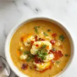 A steaming bowl of creamy cauliflower soup garnished with fresh herbs and a drizzle of olive oil, served in a rustic white bowl on a wooden surface, with a spoon resting beside it. The soup has a smooth, velvety texture and a light, inviting color.