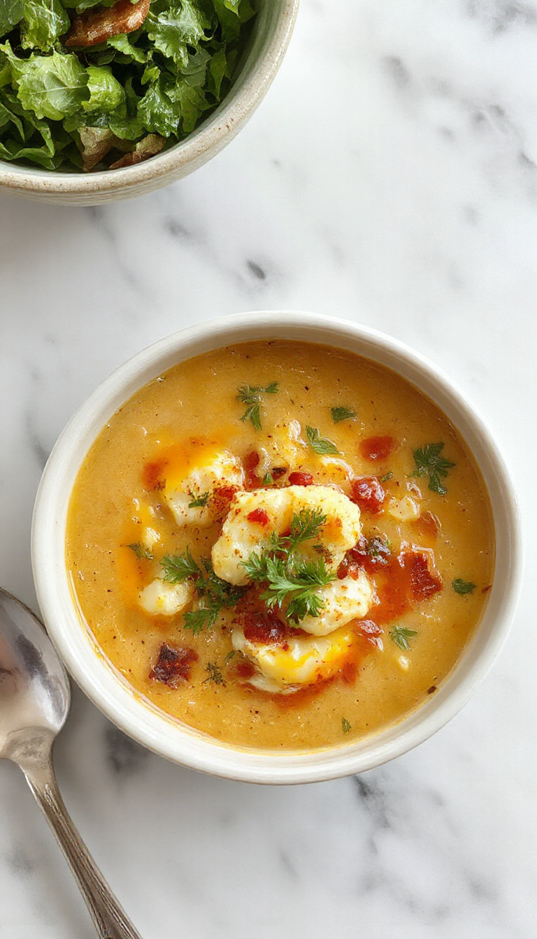A steaming bowl of creamy cauliflower soup garnished with fresh herbs and a drizzle of olive oil, served in a rustic white bowl on a wooden surface, with a spoon resting beside it. The soup has a smooth, velvety texture and a light, inviting color.