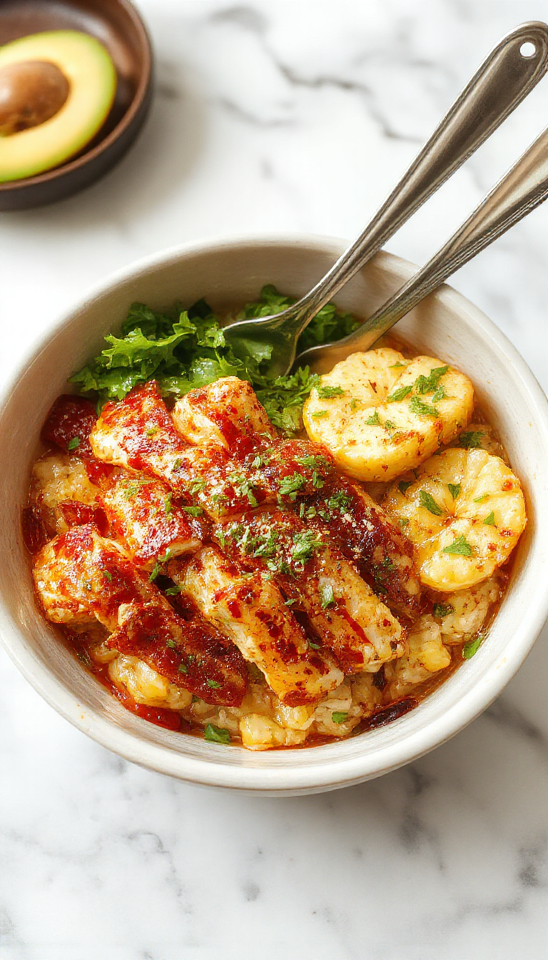 A vibrant chicken and rice bowl featuring perfectly cooked, sliced chicken breasts atop fluffy white rice, garnished with charred Mexican street corn, fresh cilantro, and a drizzle of creamy sauce. The dish is presented in a rustic bowl with colorful toppings adding visual appeal, with a background hinting at a lively street food scene.
