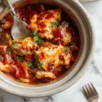 A vibrant, golden-brown chicken enchilada casserole layered with melted cheese, diced chicken, and rich red enchilada sauce, garnished with fresh cilantro and sliced green onions, served in a rustic white bowl on a wooden surface.