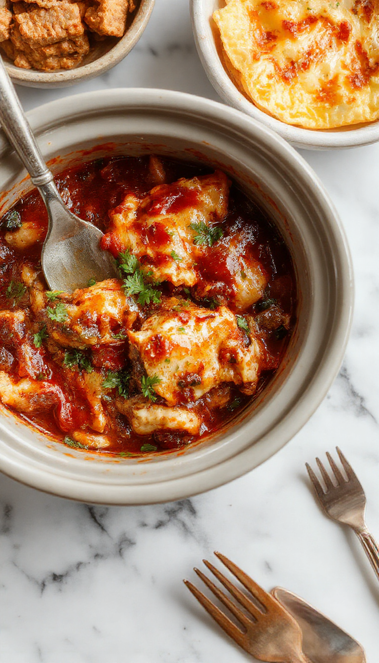 A vibrant, golden-brown chicken enchilada casserole layered with melted cheese, diced chicken, and rich red enchilada sauce, garnished with fresh cilantro and sliced green onions, served in a rustic white bowl on a wooden surface.
