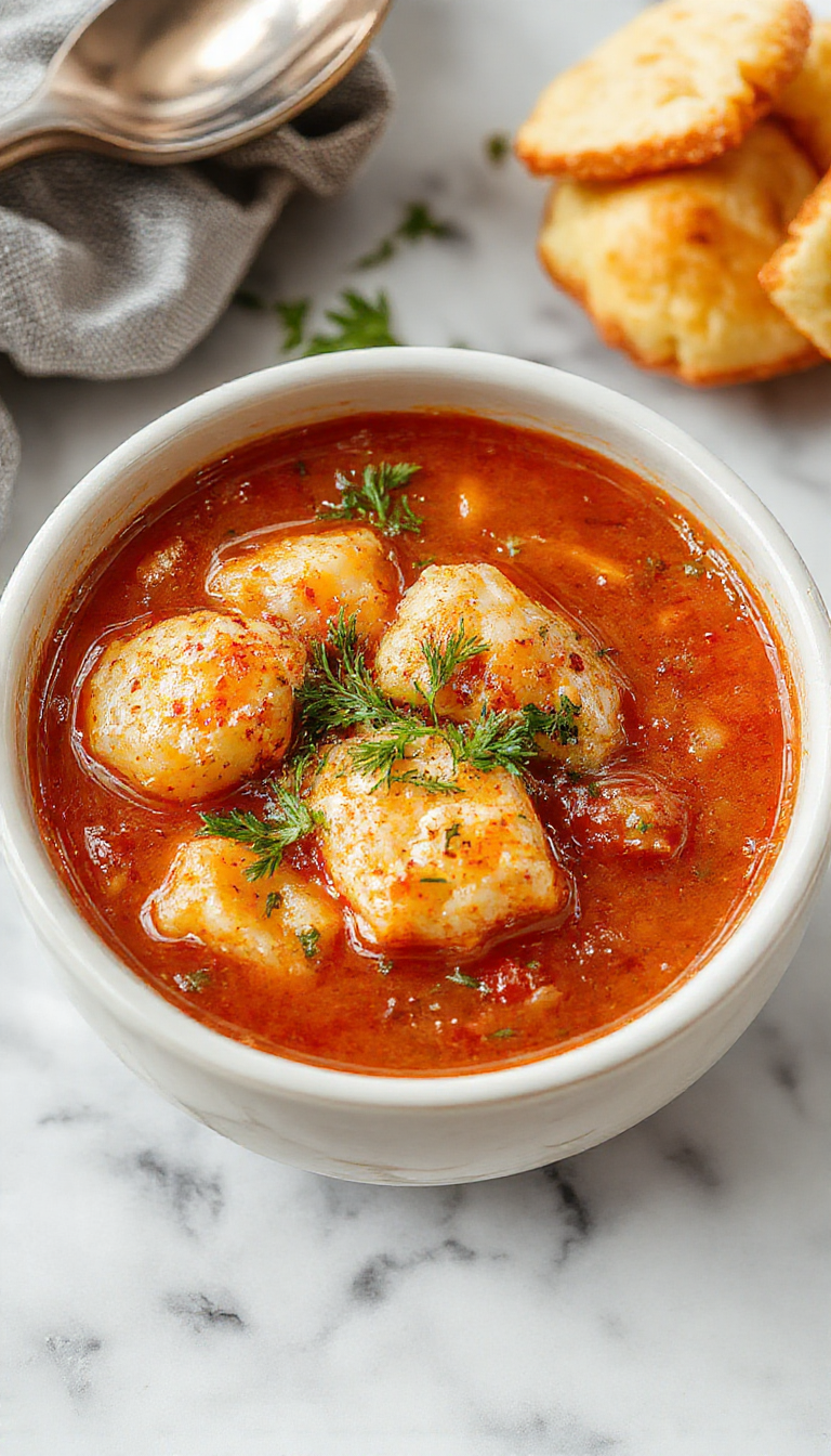 A vibrant bowl of hearty tomato soup topped with golden, flaky Cheddar Bay dumplings. The soup has a rich red color, contrasting with the crispy, cheesy dumplings on top. Garnished with fresh herbs, the dish is served in a rustic bowl on a wooden table, with steam gently rising, highlighting its warm and comforting appeal.