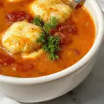 A rustic bowl of vibrant red tomato soup garnished with a dollop of sour cream and chopped fresh herbs, accompanied by golden, flaky Cheddar Bay dumplings stacked beside it on a wooden platter, with steam gently rising from the warm dish and a cozy kitchen backdrop.