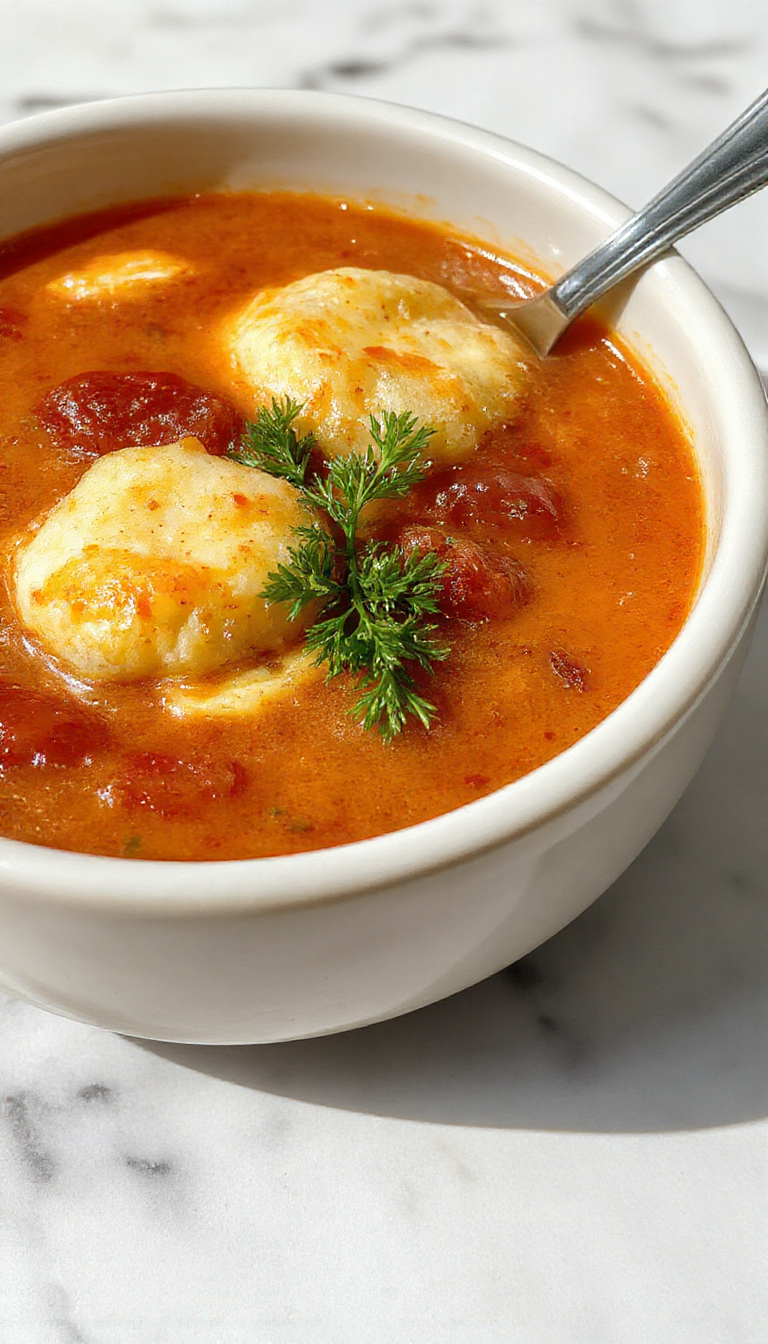 A rustic bowl of vibrant red tomato soup garnished with a dollop of sour cream and chopped fresh herbs, accompanied by golden, flaky Cheddar Bay dumplings stacked beside it on a wooden platter, with steam gently rising from the warm dish and a cozy kitchen backdrop.