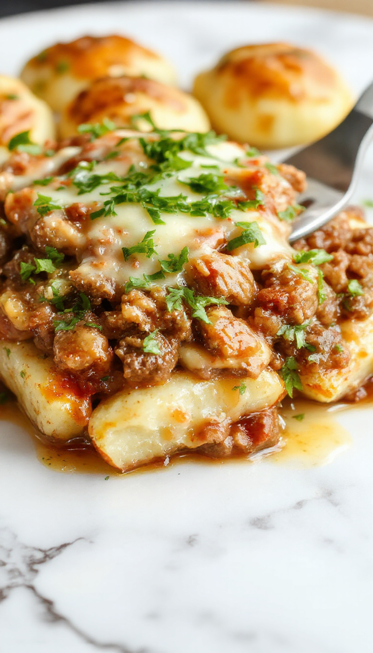A hearty hobo casserole served in a rustic white dish, featuring a golden-brown top with melted cheese, chunks of tender ground beef, and slices of roasted potatoes, garnished with fresh herbs.