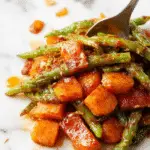 A vibrant plate featuring glossy honey-glazed carrots and crisp green beans, arranged neatly with a sprinkle of sesame seeds and fresh herbs, the carrots glowing with a caramelized sheen and the green beans bright and tender, set against a rustic wooden table with a warm, inviting ambiance.