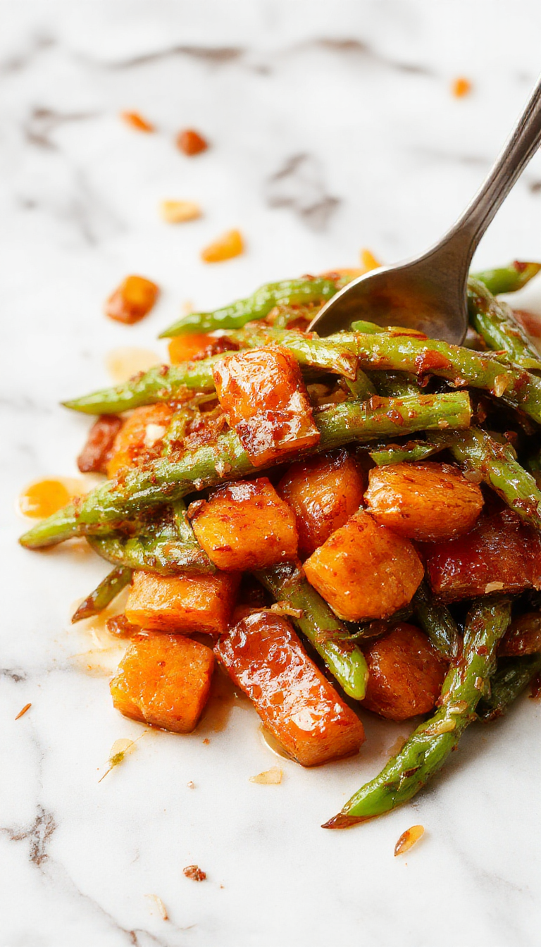 A vibrant plate featuring glossy honey-glazed carrots and crisp green beans, arranged neatly with a sprinkle of sesame seeds and fresh herbs, the carrots glowing with a caramelized sheen and the green beans bright and tender, set against a rustic wooden table with a warm, inviting ambiance.