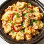 A close-up of a vibrant, steaming bowl of chicken tortellini pasta in a rich, savory broth. The tortellini, golden-brown and plump, are surrounded by tender chicken chunks and fresh herbs, all presented in a rustic white bowl set on a wooden surface. Steam gently rises from the dish, highlighting its warmth and hearty appeal.