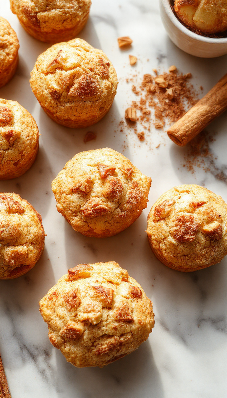 A close-up of golden-brown apple cinnamon muffins arranged on a rustic wooden platter, garnished with extra apple slices and a sprinkle of cinnamon. The muffins have a slightly cracked top, revealing a moist interior with bits of apple and cinnamon swirls, set against a cozy autumn-themed backdrop with fall leaves and a kitchen towel.