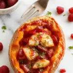 A close-up of a beautifully plated twice-baked sweet potato topped with vibrant red cranberries, golden baked apple slices, and a sprinkle of chopped nuts. The sweet potato shell is golden brown with a slightly crispy edge, filled with a creamy, orange-hued filling mixed with cranberry and apple chunks. The dish is garnished with fresh herbs and displayed on a rustic white plate with a colorful festive tablecloth in the background.