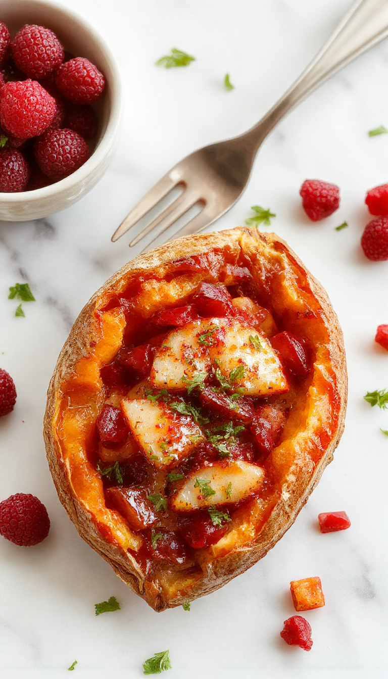 A close-up of a beautifully plated twice-baked sweet potato topped with vibrant red cranberries, golden baked apple slices, and a sprinkle of chopped nuts. The sweet potato shell is golden brown with a slightly crispy edge, filled with a creamy, orange-hued filling mixed with cranberry and apple chunks. The dish is garnished with fresh herbs and displayed on a rustic white plate with a colorful festive tablecloth in the background.