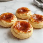 A plate of golden-brown Creme Brûlée Cookies arranged neatly, with a crispy sugar topping glistening under soft lighting. The cookies display a caramelized top layer with a smooth, creamy interior visible through a bite taken out. The background features a rustic wooden surface with a sprinkle of powdered sugar, enhancing their inviting appearance.