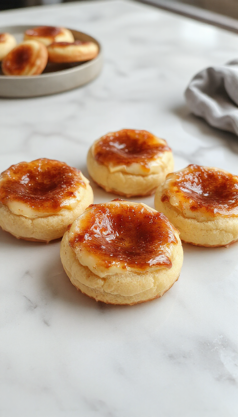 A plate of golden-brown Creme Brûlée Cookies arranged neatly, with a crispy sugar topping glistening under soft lighting. The cookies display a caramelized top layer with a smooth, creamy interior visible through a bite taken out. The background features a rustic wooden surface with a sprinkle of powdered sugar, enhancing their inviting appearance.