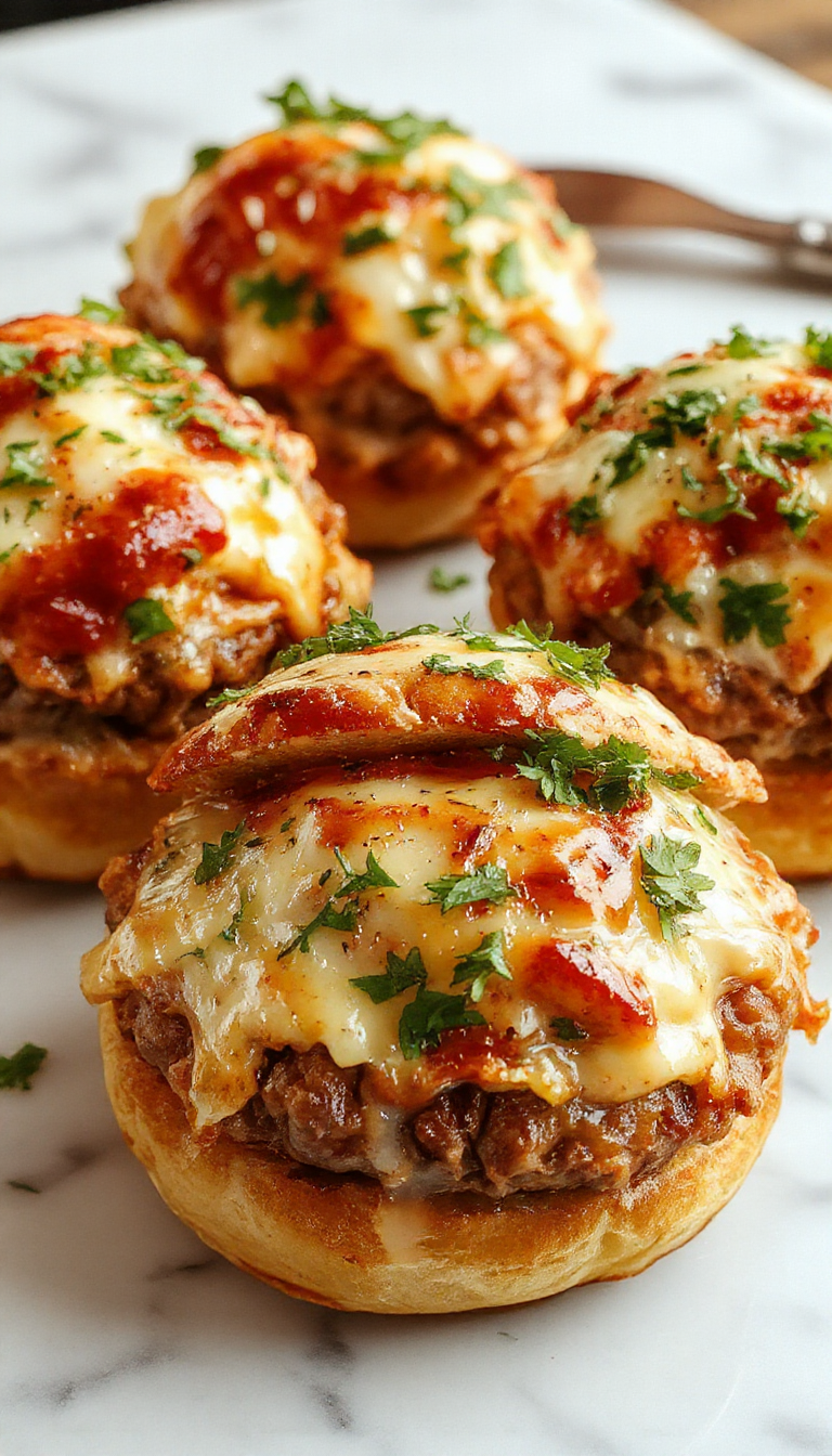 A close-up of five golden-brown garlic parmesan cheeseburger bombs arranged on a rustic wooden platter, with melted cheese oozing from the sides and garnished with chopped parsley. The bombs are flaky, crispy on the outside, and topped with parmesan cheese and minced garlic, enticingly displayed with a side of dipping sauce.