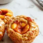 A close-up of golden-brown peach cruffins arranged on a rustic white plate. The cruffins are generously glazed with a shiny sugar coating, with visible specks of cinnamon and chunks of peach filling peeking out. The flaky, puff pastry exterior glistens under soft natural lighting, revealing a layered, flaky texture. Scattered fresh peach slices and a sprig of mint serve as garnish, creating an inviting, warm dessert presentation.