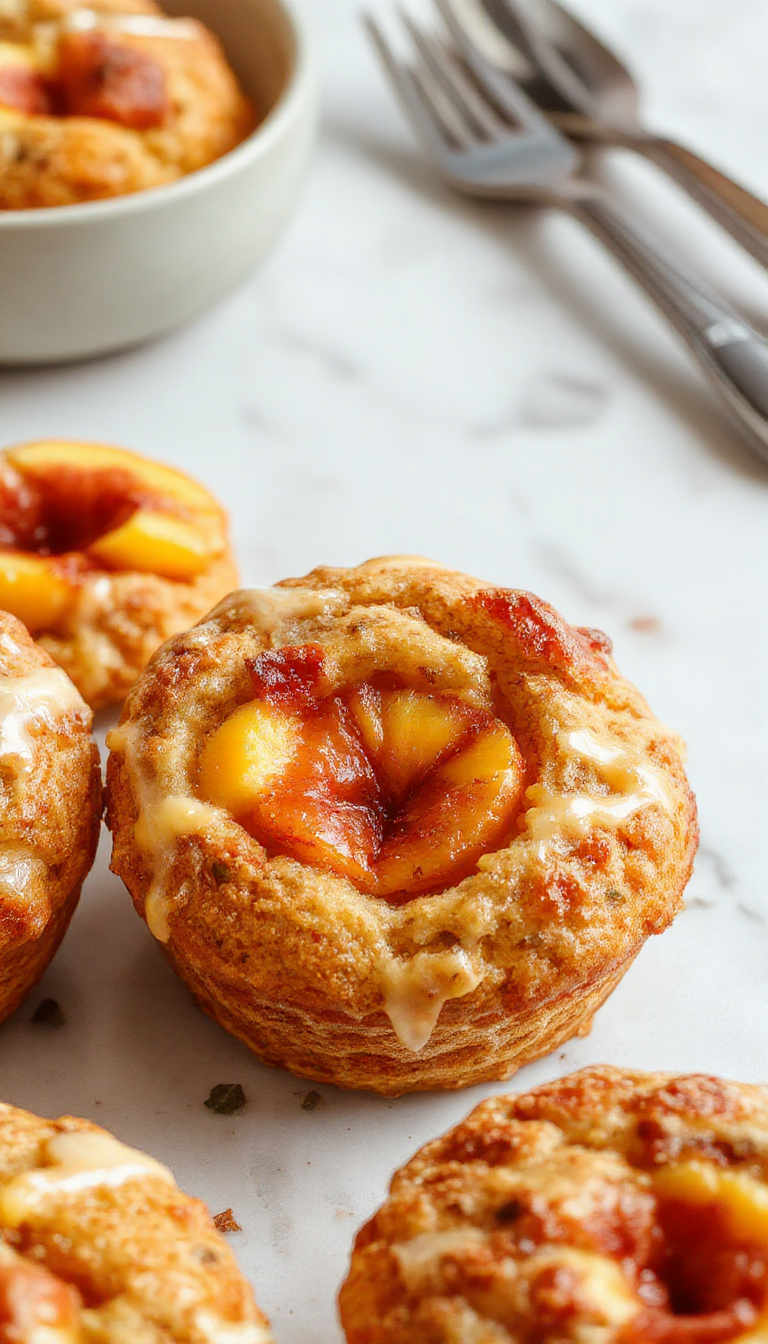 A close-up of golden-brown peach cruffins arranged on a rustic white plate. The cruffins are generously glazed with a shiny sugar coating, with visible specks of cinnamon and chunks of peach filling peeking out. The flaky, puff pastry exterior glistens under soft natural lighting, revealing a layered, flaky texture. Scattered fresh peach slices and a sprig of mint serve as garnish, creating an inviting, warm dessert presentation.