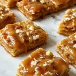A close-up of a sliced salted caramel apple bar on a rustic wooden plate, showcasing layers of golden caramel, tender apple filling, and a crumbly crust, topped with a drizzle of caramel and a sprinkle of sea salt. The background features seasonal fall decorations and a cozy ambiance.