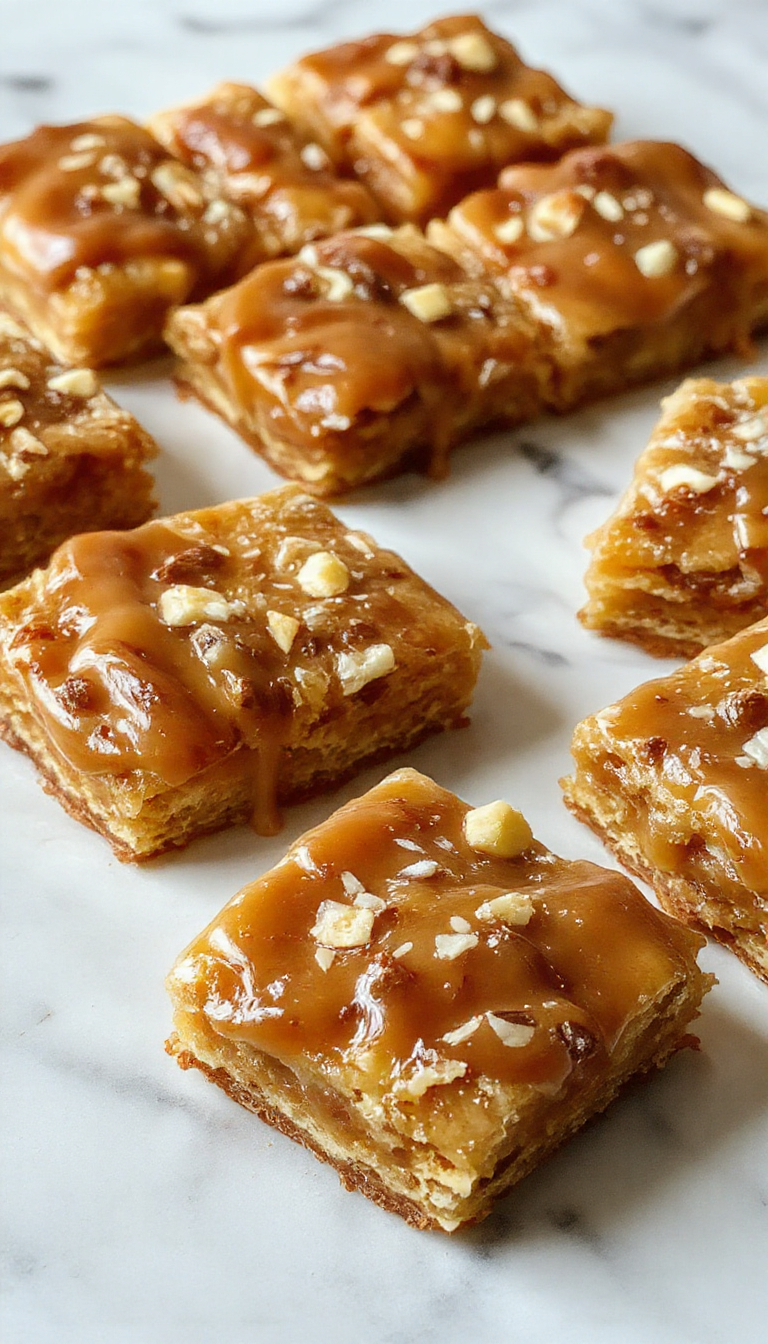 A close-up of a sliced salted caramel apple bar on a rustic wooden plate, showcasing layers of golden caramel, tender apple filling, and a crumbly crust, topped with a drizzle of caramel and a sprinkle of sea salt. The background features seasonal fall decorations and a cozy ambiance.