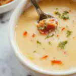 A warm bowl of Italian Penicillin Soup topped with fresh herbs and a slice of crusty bread on the side, steam rising from the soup, showcasing a hearty, vegetable-filled broth with chunks of vegetables and herbs
