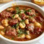 A steaming bowl of Italian sausage white bean soup garnished with fresh herbs, surrounded by rustic bread slices on a white plate, with a rich broth showcasing chunks of sausage and tender white beans.