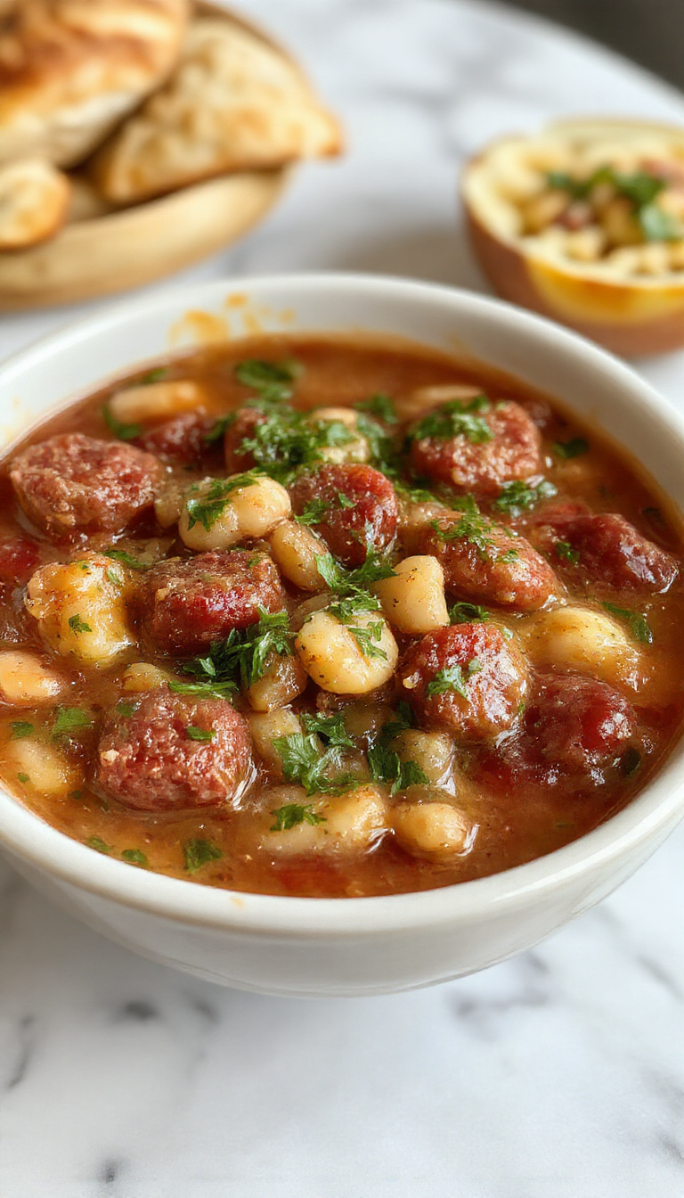 A steaming bowl of Italian sausage white bean soup garnished with fresh herbs, surrounded by rustic bread slices on a white plate, with a rich broth showcasing chunks of sausage and tender white beans.