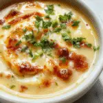 A steaming bowl of Keto Cheeseburger Soup featuring a rich, creamy broth topped with melted cheese, ground beef crumbles, chopped green onions, and a sprinkle of paprika. The soup has a hearty, thick consistency with visible chunks of ground beef, vibrant green herbs, and a golden cheese layer, served in a rustic white bowl on a wooden surface with fresh ingredients in the background.