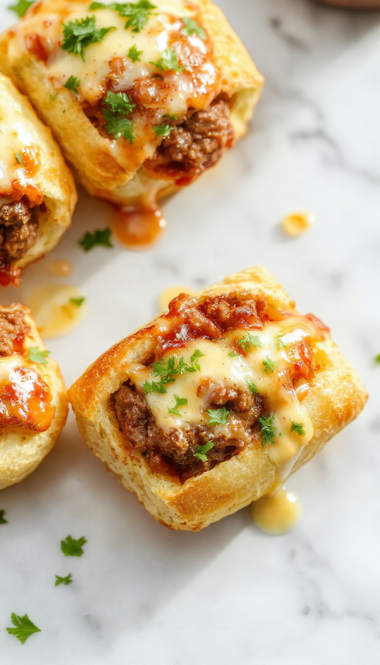 A close-up of golden-brown Philly Cheesesteak Rolls sliced open to reveal tender steak, melted provolone cheese, and sautéed peppers inside a crispy, flaky roll with a rustic wooden background.