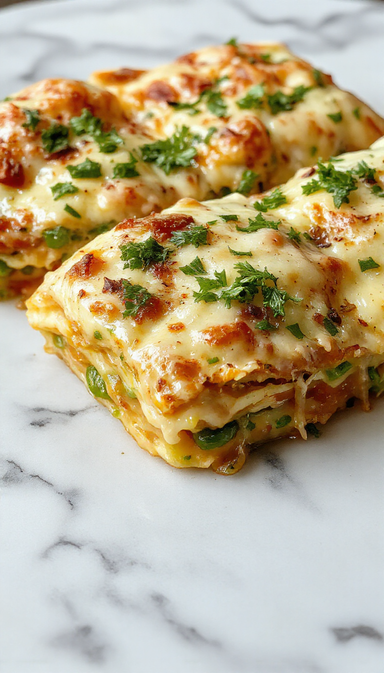 A layered white veggie lasagna on a rustic ceramic plate, topped with melted golden cheese and fresh basil leaves. The dish reveals creamy layers with visible zucchini, spinach, and ricotta between sheets of pasta, garnished with a drizzle of olive oil and a sprig of basil, set against a warm, inviting background.