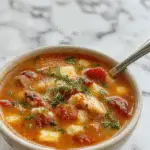 A vibrant bowl of Mediterranean soup featuring a rich tomato base filled with colorful vegetables like bell peppers, zucchini, and spinach, garnished with fresh herbs. The bowl rests on a rustic wooden table, with a drizzle of olive oil and a lemon wedge on the side, exuding freshness and warmth with steam gently rising.