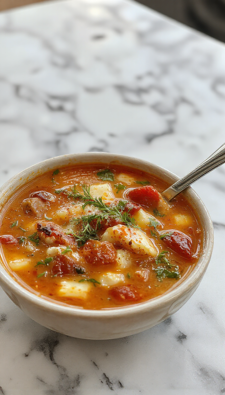 A vibrant bowl of Mediterranean soup featuring a rich tomato base filled with colorful vegetables like bell peppers, zucchini, and spinach, garnished with fresh herbs. The bowl rests on a rustic wooden table, with a drizzle of olive oil and a lemon wedge on the side, exuding freshness and warmth with steam gently rising.