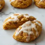 A close-up of freshly baked pumpkin cinnamon scones on a rustic wooden platter, topped with a sprinkle of cinnamon and a drizzle of glaze. The scones have a golden-brown crust with visible pumpkin bits and a flaky, tender interior. Sliced open, revealing a moist, rich interior and flecks of cinnamon and pumpkin. The background features cozy autumn décor, with hints of fall leaves, a warm cups of tea, and a soft, inviting light.