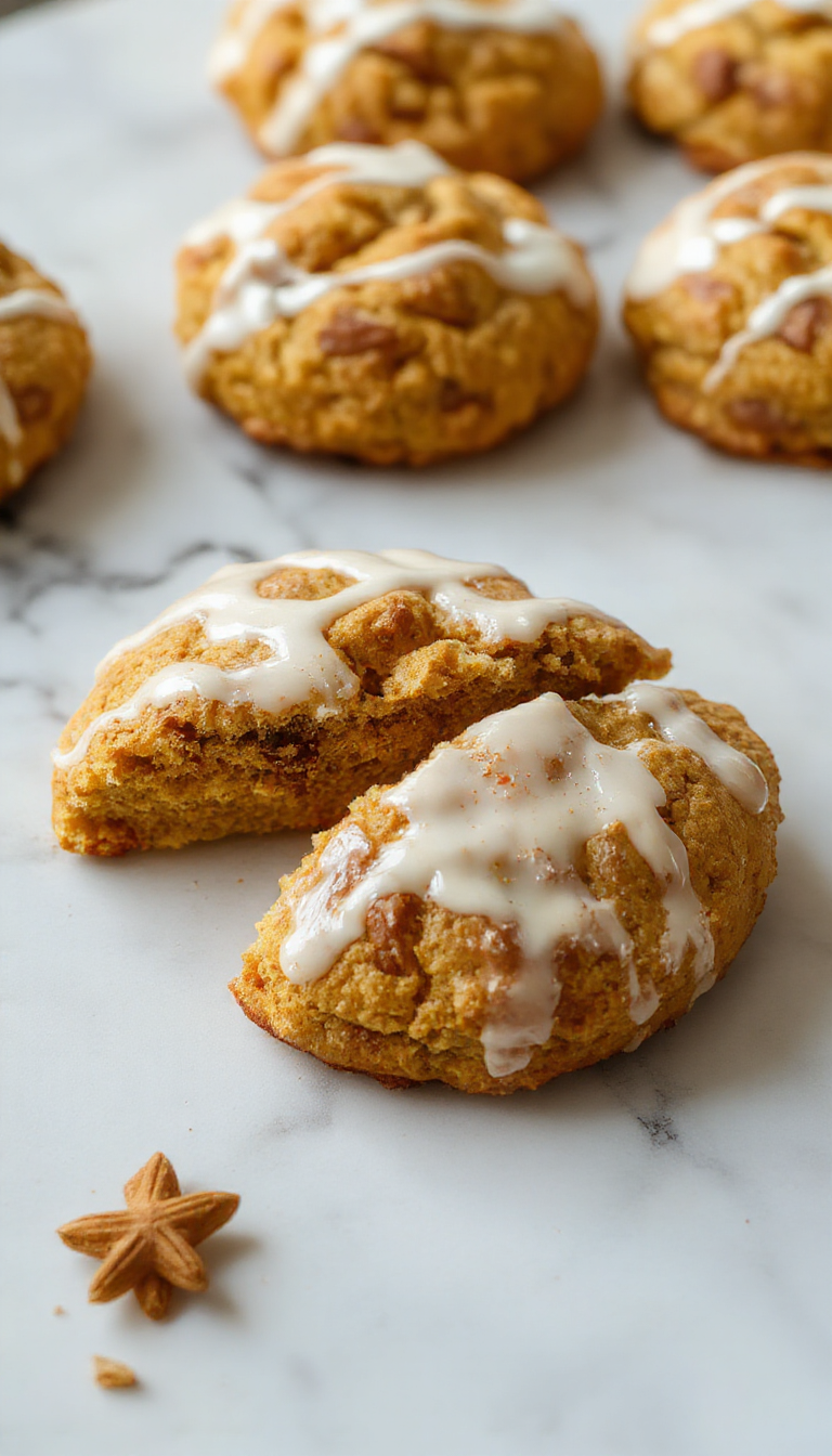 A close-up of freshly baked pumpkin cinnamon scones on a rustic wooden platter, topped with a sprinkle of cinnamon and a drizzle of glaze. The scones have a golden-brown crust with visible pumpkin bits and a flaky, tender interior. Sliced open, revealing a moist, rich interior and flecks of cinnamon and pumpkin. The background features cozy autumn décor, with hints of fall leaves, a warm cups of tea, and a soft, inviting light.