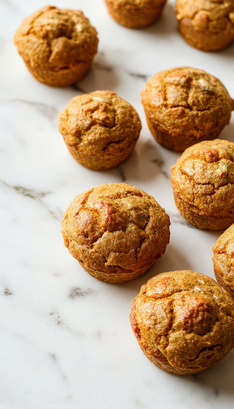 A close-up of a freshly baked pumpkin muffin topped with a sprinkle of chocolate chips, placed on a rustic wooden plate with a few scattered chips nearby. The muffin has a golden-brown crust with a moist, tender crumb visible from the side, and the chocolate chips embedded throughout add a rich, inviting look. The background features fall-themed elements like a cinnamon stick and a hint of autumn leaves, evoking cozy seasonal baking.
