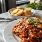 A golden-brown cheeseburger pie sliced open to reveal layers of seasoned ground beef, melted cheese, and a flaky crust, topped with fresh chopped herbs, presented on a rustic plate with a fork beside it.
