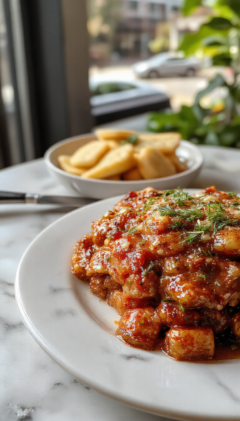 A golden-brown cheeseburger pie sliced open to reveal layers of seasoned ground beef, melted cheese, and a flaky crust, topped with fresh chopped herbs, presented on a rustic plate with a fork beside it.