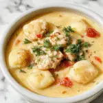 A steaming bowl of Olive Garden Chicken Gnocchi Soup garnished with fresh herbs, showcasing creamy broth with tender gnocchi, chicken pieces, and spinach, placed on a rustic wooden table.