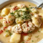 A creamy bowl of Olive Garden Chicken Gnocchi Soup garnished with fresh herbs, with golden brown cooked chicken pieces and soft gnocchi floating in the velvety broth, served on a rustic wooden table with a spoon and bread in the background.