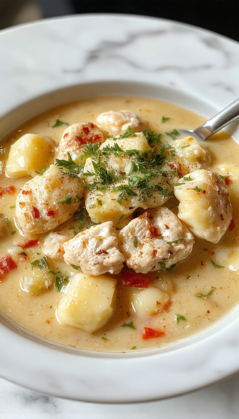 A creamy bowl of Olive Garden Chicken Gnocchi Soup garnished with fresh herbs, with golden brown cooked chicken pieces and soft gnocchi floating in the velvety broth, served on a rustic wooden table with a spoon and bread in the background.