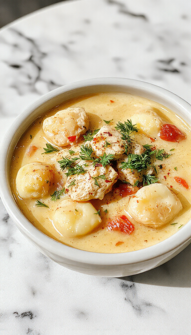 A steaming bowl of Olive Garden Chicken Gnocchi Soup garnished with fresh herbs, showcasing creamy broth with tender gnocchi, chicken pieces, and spinach, placed on a rustic wooden table.