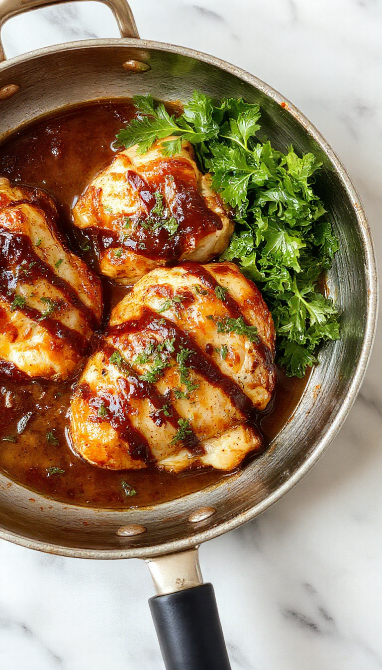 A close-up of a rustic white plate featuring roasted balsamic chicken breasts topped with fresh basil leaves and cherry tomato halves, glazed with a shiny balsamic reduction. The chicken has a golden-brown exterior with grill marks, garnished with vibrant green herbs. The plate is set on a wooden table with scattered fresh basil and cherry tomatoes, and a drizzle of balsamic glaze for added visual appeal.