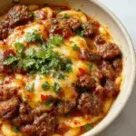 A vibrant skillet dish featuring creamy cheeseburger orzo with melted cheese topping, chunks of ground beef, and fresh herbs, served in a rustic cast iron skillet garnished with chopped green onions.