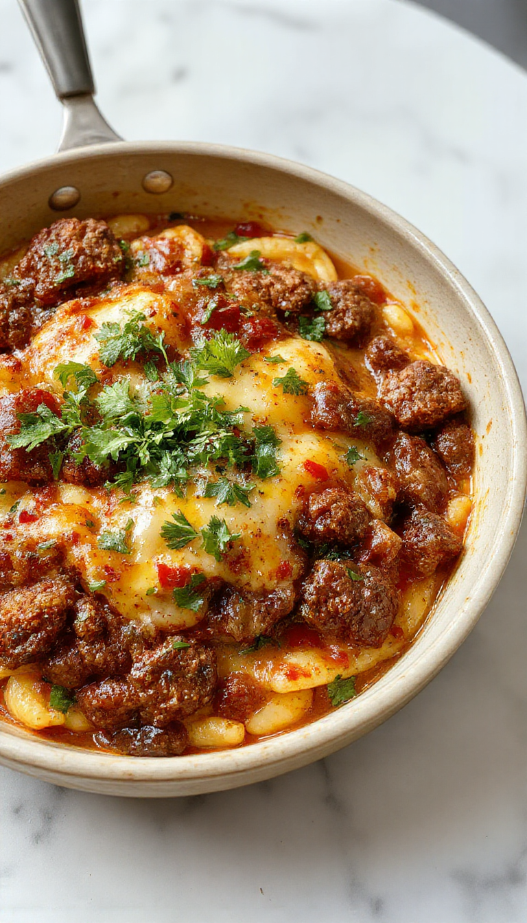 A vibrant skillet dish featuring creamy cheeseburger orzo with melted cheese topping, chunks of ground beef, and fresh herbs, served in a rustic cast iron skillet garnished with chopped green onions.