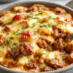 A savory cheeseburger casserole in a creamy, cheesy sauce with browned ground beef, melted cheese bubbling on top, garnished with chopped parsley, served in a rustic baking dish.