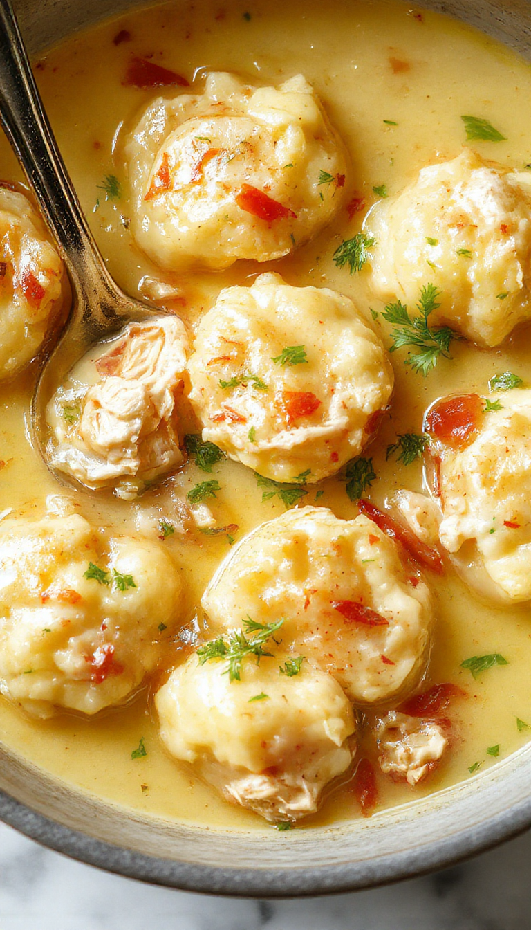 A steaming bowl of chicken dumpling soup featuring golden-brown biscuit dough dumplings floating in a creamy, pale yellow broth, garnished with herbs and served with a side of fresh vegetables. The bowl sits on a rustic wooden table with a spoon resting beside it, evoking warmth and comfort.