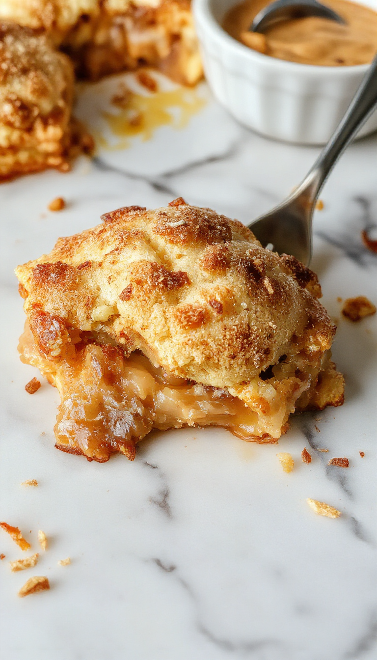A golden-brown snickerdoodle cobbler topped with a cinnamon-sugar crust, served in a rustic pie dish. The dessert is garnished with a scoop of vanilla ice cream melting slightly on top, with a cinnamon sprinkle and a drizzle of caramel sauce visible. The background features a cozy fall setting with warm tones, a wooden table, and autumn leaves.