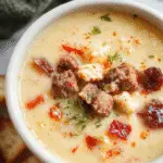 A steaming bowl of Philly Cheesesteak Soup garnished with freshly chopped green onions and shredded cheese, served in a rustic white ceramic bowl with a spoon resting beside it. The soup has a rich, creamy broth with sliced tender beef, colorful bell peppers, and melted cheese visible on the surface. The background features a cozy kitchen setting with a wooden table and a soft-focus view of crusty bread and fresh herbs.